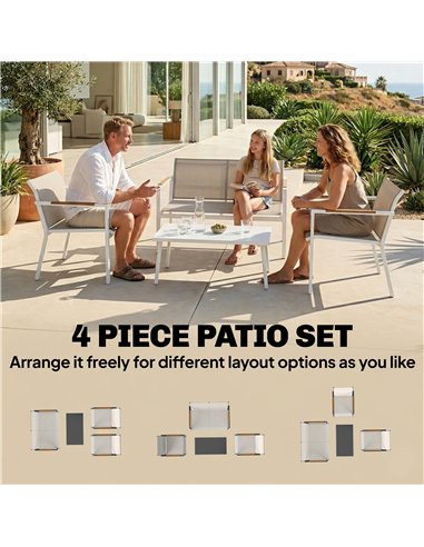 Outsunny 4 Seater Garden Furniture Set with Loveseat, Armchairs, Table, Metal Garden Sofa Set with Breathable Seats, Khaki