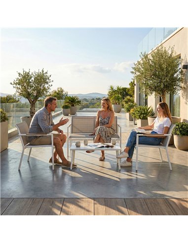 Outsunny 4 Seater Garden Furniture Set with Loveseat, Armchairs, Table, Metal Garden Sofa Set with Breathable Seats, Khaki