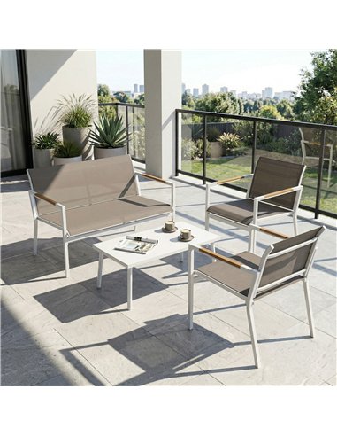 Outsunny 4 Seater Garden Furniture Set with Loveseat, Armchairs, Table, Metal Garden Sofa Set with Breathable Seats, Khaki