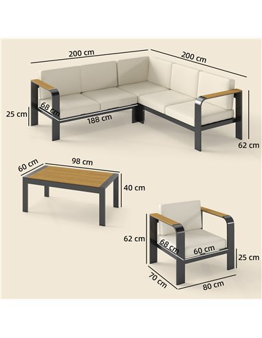 Outsunny 3 Pieces Garden Furniture Set with L-Shaped Sofa, Armchair and Coffee Table, Aluminium Garden Corner Sofa Set
