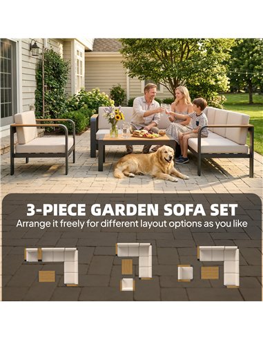 Outsunny 3 Pieces Garden Furniture Set with L-Shaped Sofa, Armchair and Coffee Table, Aluminium Garden Corner Sofa Set