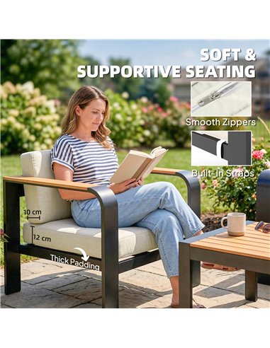 Outsunny 3 Pieces Garden Furniture Set with L-Shaped Sofa, Armchair and Coffee Table, Aluminium Garden Corner Sofa Set