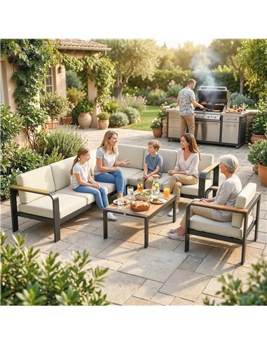 Outsunny 3 Pieces Garden Furniture Set with L-Shaped Sofa, Armchair and Coffee Table, Aluminium Garden Corner Sofa Set
