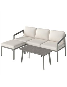 Outsunny 3 Piece Garden Dining Set, Outdoor Patio Furniture with 3 Seater Sofa, Footstool, Coffee Table and Cuhsions
