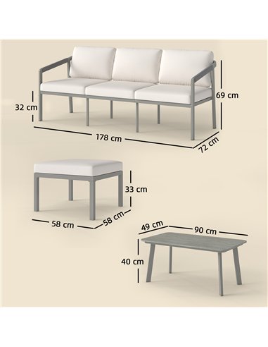 Outsunny 3 Piece Garden Dining Set, Outdoor Patio Furniture with 3 Seater Sofa, Footstool, Coffee Table and Cuhsions
