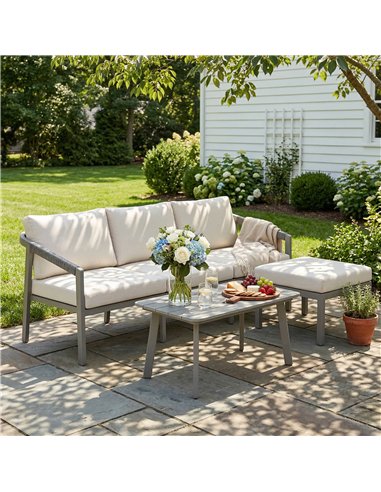 Outsunny 3 Piece Garden Dining Set, Outdoor Patio Furniture with 3 Seater Sofa, Footstool, Coffee Table and Cuhsions