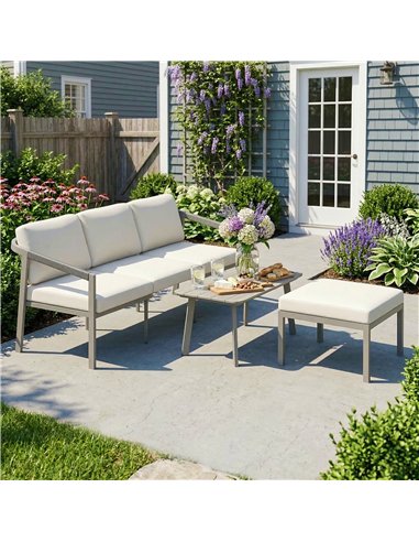 Outsunny 3 Piece Garden Dining Set, Outdoor Patio Furniture with 3 Seater Sofa, Footstool, Coffee Table and Cuhsions