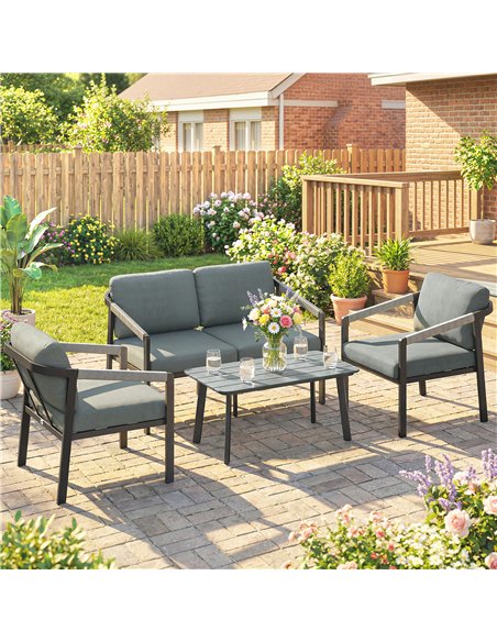 Outsunny Aluminium Garden Furniture Set, 4 Seater Outdoor Patio Furniture with Loveseat, 2 Armchairs, Slatted Table - pic 181464 | FastDaddyshop