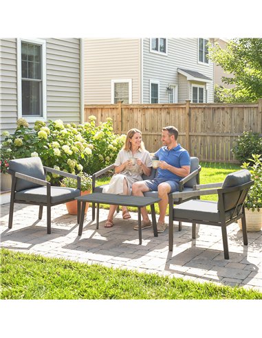 Outsunny Aluminium Garden Furniture Set, 4 Seater Outdoor Patio Furniture with Loveseat, 2 Armchairs, Slatted Table