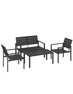 Outsunny 4 Piece Garden Furniture Set, Outdoor Sofa Set with HDPE Slatted Loveseat Armchairs Coffee Table Metal Frame, Black