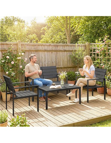 Outsunny 4 Piece Garden Furniture Set, Outdoor Sofa Set with HDPE Slatted Loveseat Armchairs Coffee Table Metal Frame, Black