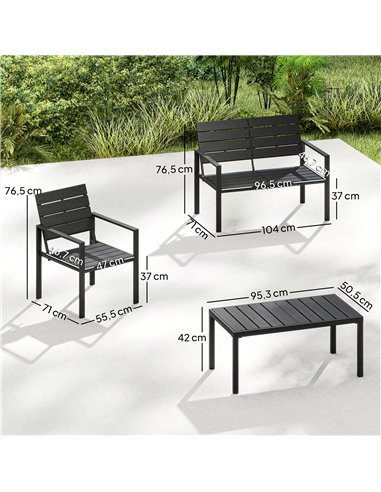 Outsunny 4 Piece Garden Furniture Set, Outdoor Sofa Set with HDPE Slatted Loveseat Armchairs Coffee Table Metal Frame, Black