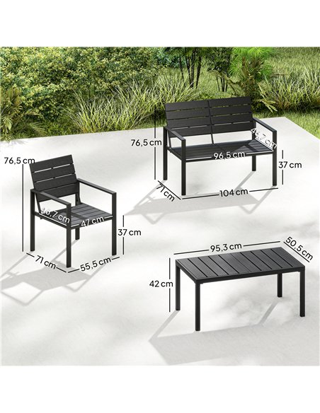 Outsunny 4 Piece Garden Furniture Set, Outdoor Sofa Set with HDPE Slatted Loveseat Armchairs Coffee Table Metal Frame, Black - pic 181492 | FastDaddyshop