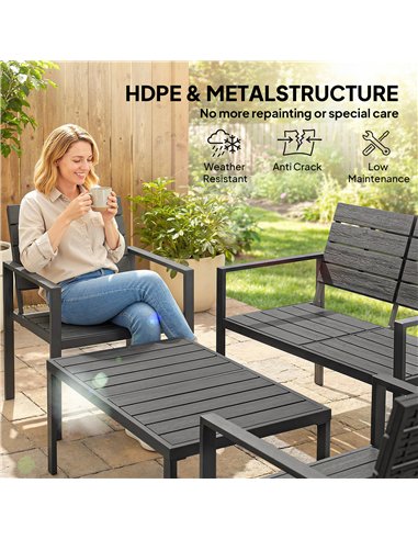 Outsunny 4 Piece Garden Furniture Set, Outdoor Sofa Set with HDPE Slatted Loveseat Armchairs Coffee Table Metal Frame, Black