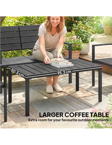 Outsunny 4 Piece Garden Furniture Set, Outdoor Sofa Set with HDPE Slatted Loveseat Armchairs Coffee Table Metal Frame, Black