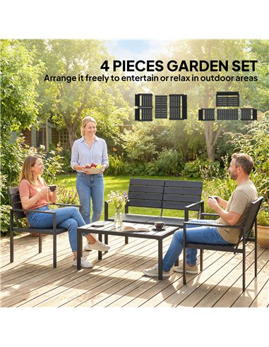 Outsunny 4 Piece Garden Furniture Set, Outdoor Sofa Set with HDPE Slatted Loveseat Armchairs Coffee Table Metal Frame, Black