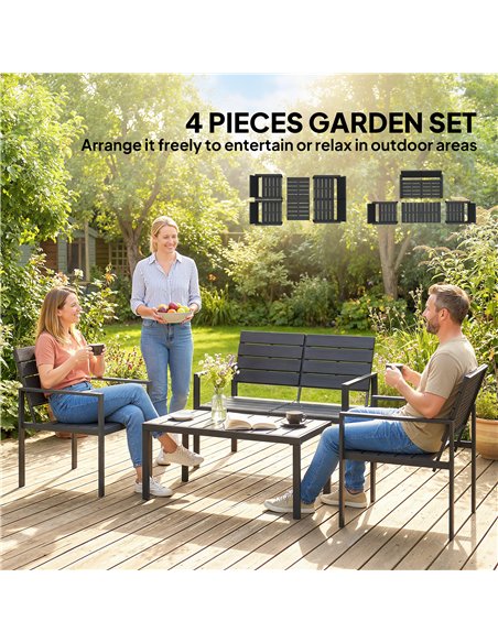 Outsunny 4 Piece Garden Furniture Set, Outdoor Sofa Set with HDPE Slatted Loveseat Armchairs Coffee Table Metal Frame, Black - pic 181496 | FastDaddyshop