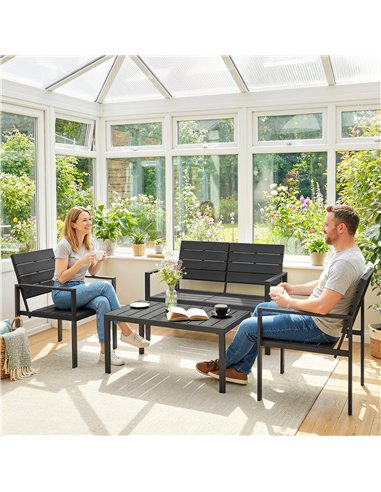 Outsunny 4 Piece Garden Furniture Set, Outdoor Sofa Set with HDPE Slatted Loveseat Armchairs Coffee Table Metal Frame, Black