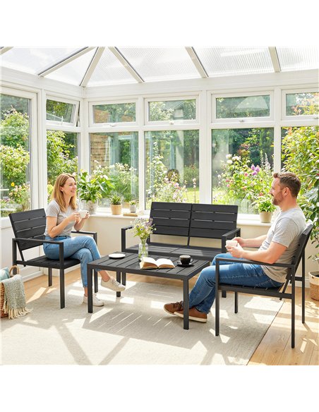 Outsunny 4 Piece Garden Furniture Set, Outdoor Sofa Set with HDPE Slatted Loveseat Armchairs Coffee Table Metal Frame, Black - pic 181497 | FastDaddyshop
