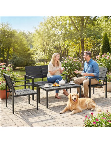 Outsunny 4 Piece Garden Furniture Set, Outdoor Sofa Set with HDPE Slatted Loveseat Armchairs Coffee Table Metal Frame, Black