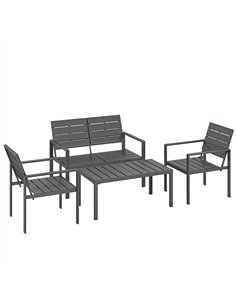 Outsunny 4 Piece Garden Furniture Set, Outdoor Sofa Set with HDPE Slatted Loveseat Armchairs Coffee Table Metal Frame, Dark Grey