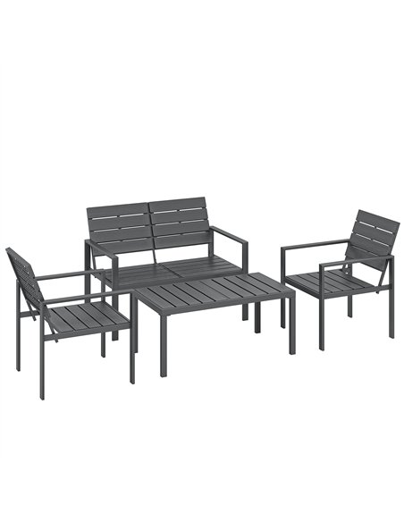 Outsunny 4 Piece Garden Furniture Set, Outdoor Sofa Set with HDPE Slatted Loveseat Armchairs Coffee Table Metal Frame, Dark Grey - pic 181499 | FastDaddyshop