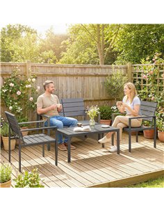 Outsunny 4 Piece Garden Furniture Set, Outdoor Sofa Set with HDPE Slatted Loveseat Armchairs Coffee Table Metal Frame, Dark Grey 2