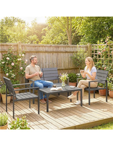Outsunny 4 Piece Garden Furniture Set, Outdoor Sofa Set with HDPE Slatted Loveseat Armchairs Coffee Table Metal Frame, Dark Grey - pic 181500 | FastDaddyshop
