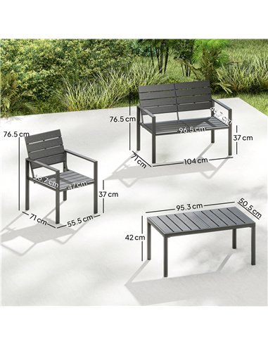 Outsunny 4 Piece Garden Furniture Set, Outdoor Sofa Set with HDPE Slatted Loveseat Armchairs Coffee Table Metal Frame, Dark Grey