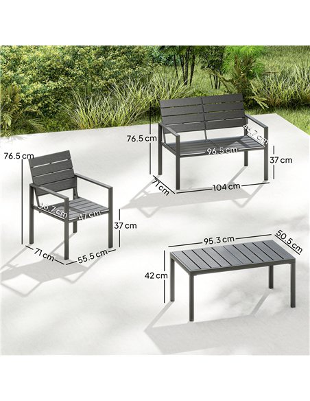 Outsunny 4 Piece Garden Furniture Set, Outdoor Sofa Set with HDPE Slatted Loveseat Armchairs Coffee Table Metal Frame, Dark Grey - pic 181501 | FastDaddyshop