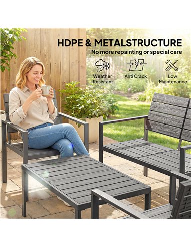 Outsunny 4 Piece Garden Furniture Set, Outdoor Sofa Set with HDPE Slatted Loveseat Armchairs Coffee Table Metal Frame, Dark Grey