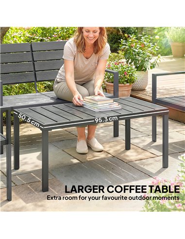 Outsunny 4 Piece Garden Furniture Set, Outdoor Sofa Set with HDPE Slatted Loveseat Armchairs Coffee Table Metal Frame, Dark Grey