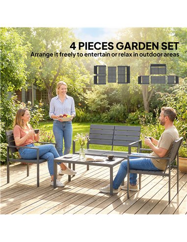 Outsunny 4 Piece Garden Furniture Set, Outdoor Sofa Set with HDPE Slatted Loveseat Armchairs Coffee Table Metal Frame, Dark Grey