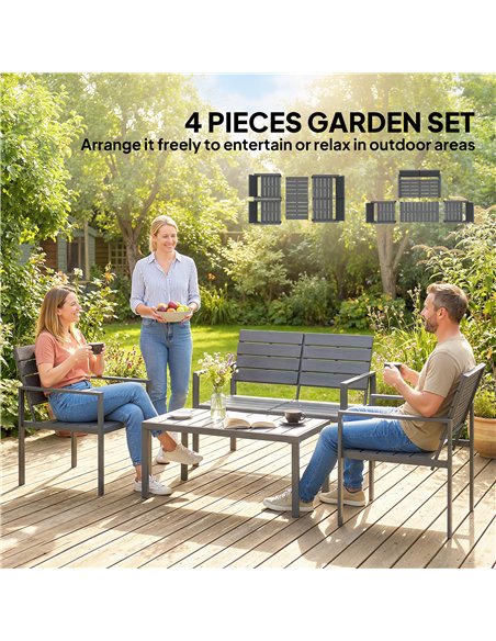 Outsunny 4 Piece Garden Furniture Set, Outdoor Sofa Set with HDPE Slatted Loveseat Armchairs Coffee Table Metal Frame, Dark Grey - pic 181505 | FastDaddyshop