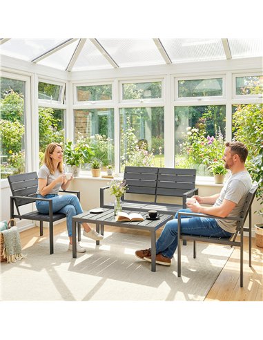 Outsunny 4 Piece Garden Furniture Set, Outdoor Sofa Set with HDPE Slatted Loveseat Armchairs Coffee Table Metal Frame, Dark Grey