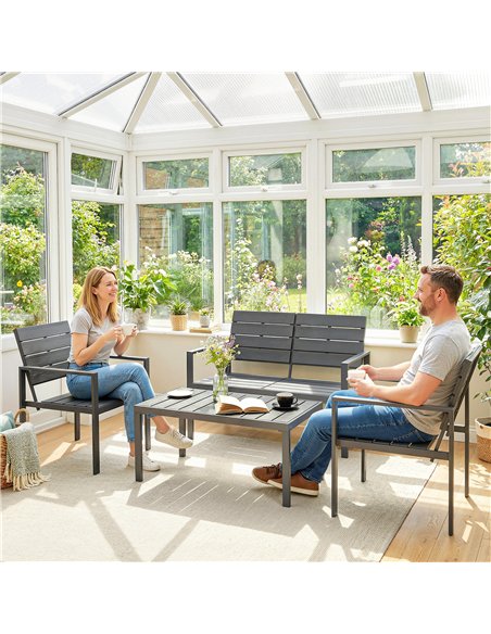 Outsunny 4 Piece Garden Furniture Set, Outdoor Sofa Set with HDPE Slatted Loveseat Armchairs Coffee Table Metal Frame, Dark Grey - pic 181506 | FastDaddyshop