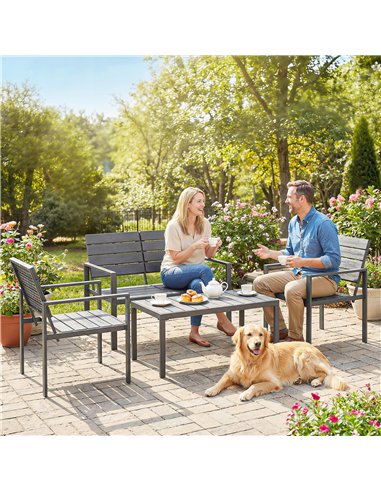 Outsunny 4 Piece Garden Furniture Set, Outdoor Sofa Set with HDPE Slatted Loveseat Armchairs Coffee Table Metal Frame, Dark Grey