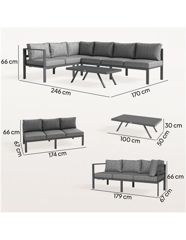 Outsunny 3 Pieces Garden Furniture Set, Aluminium Corner Lounge Set with Adjustable Backrest, Grey