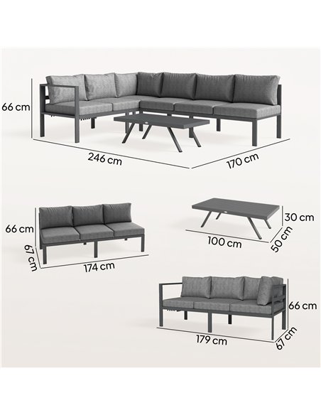 Outsunny 3 Pieces Garden Furniture Set, Aluminium Corner Lounge Set with Adjustable Backrest, Grey - pic 181519 | FastDaddyshop