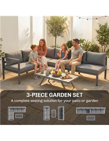 Outsunny 3 Pieces Garden Furniture Set, Aluminium Corner Lounge Set with Adjustable Backrest, Grey