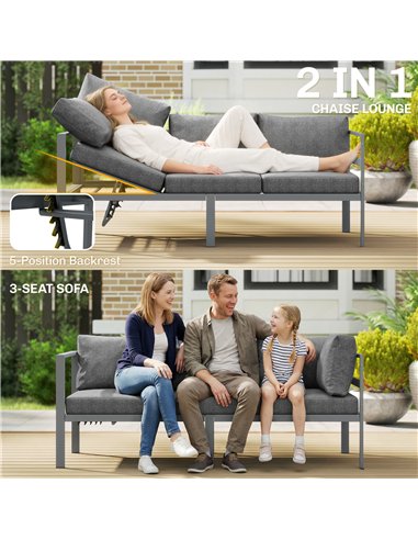 Outsunny 3 Pieces Garden Furniture Set, Aluminium Corner Lounge Set with Adjustable Backrest, Grey