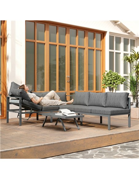Outsunny 3 Pieces Garden Furniture Set, Aluminium Corner Lounge Set with Adjustable Backrest, Grey - pic 181525 | FastDaddyshop
