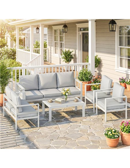 Outsunny 5 Pieces Aluminium Garden Furniture Set with Olefin Cushions, Extra Deep Outdoor Garden Sofa Set, White - pic 181527 | FastDaddyshop