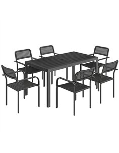 Outsunny Garden Dining Set for 6, Faux Wood Metal Outdoor Table and Stackable Chairs with Plastic Rattan Effect Seat, Black