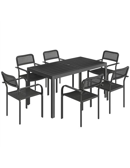 Outsunny Garden Dining Set for 6, Faux Wood Metal Outdoor Table and Stackable Chairs with Plastic Rattan Effect Seat, Black - pic 181553 | FastDaddyshop