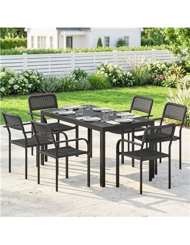 Outsunny Garden Dining Set for 6, Faux Wood Metal Outdoor Table and Stackable Chairs with Plastic Rattan Effect Seat, Black