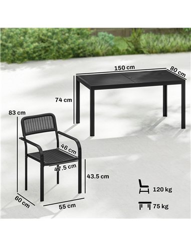 Outsunny Garden Dining Set for 6, Faux Wood Metal Outdoor Table and Stackable Chairs with Plastic Rattan Effect Seat, Black