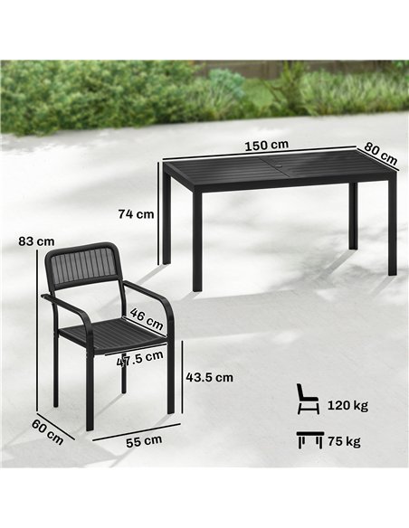 Outsunny Garden Dining Set for 6, Faux Wood Metal Outdoor Table and Stackable Chairs with Plastic Rattan Effect Seat, Black - pic 181555 | FastDaddyshop