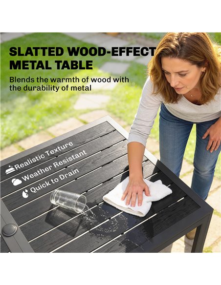 Outsunny Garden Dining Set for 6, Faux Wood Metal Outdoor Table and Stackable Chairs with Plastic Rattan Effect Seat, Black - pic 181557 | FastDaddyshop