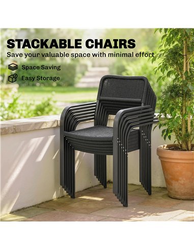 Outsunny Garden Dining Set for 6, Faux Wood Metal Outdoor Table and Stackable Chairs with Plastic Rattan Effect Seat, Black
